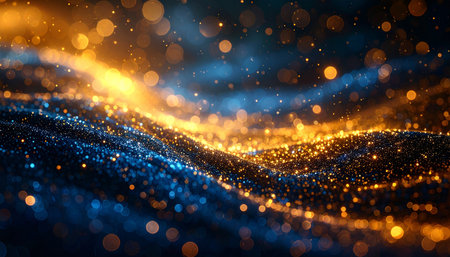 Golden particles with bokeh effect on dark background. 3d renderingの素材