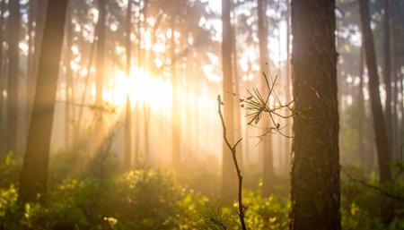 Sunset in the pine tree forest with sunbeams and fogの素材