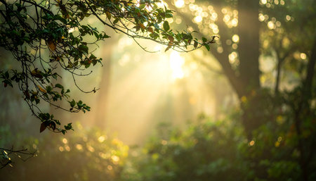 Sunrise in the forest with sunbeams shining through the treesの素材