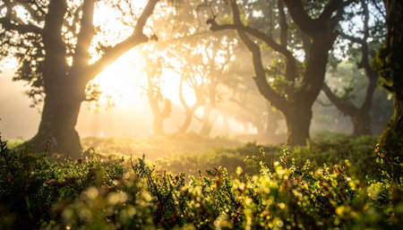 Sunset in the misty forest with light rays and lens flareの素材