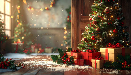 Christmas tree with presents in front of the door. 3d renderingの素材