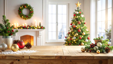 Wooden table in front of christmas tree. 3d renderingの素材
