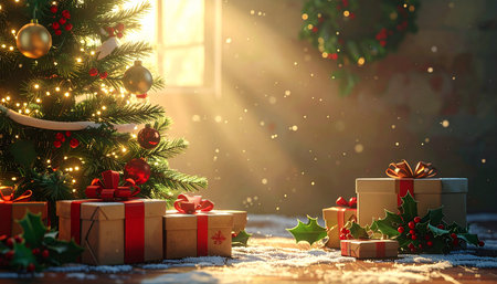 Christmas gift boxes under the Christmas tree. Festive background. 3d renderの素材