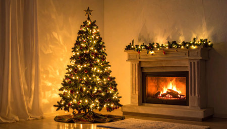 Beautiful Christmas tree and fireplace in the interior of the room.の素材