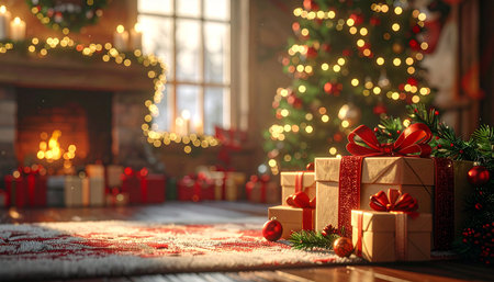 Beautiful Christmas interior with Christmas tree and presents on floor at homeの素材