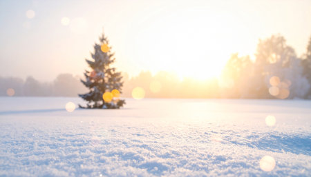 Christmas tree in the snow at sunset. Blurred background with bokeh effectの素材