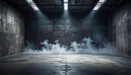 3d rendering of an empty room with concrete walls and smoke coming outの素材