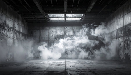 3d rendering of an old factory building interior with smoke and fogの素材