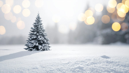 Fir tree in the snow with bokeh lights on backgroundの素材