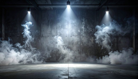 Concrete room with smoke and spotlights. 3D rendering.の素材