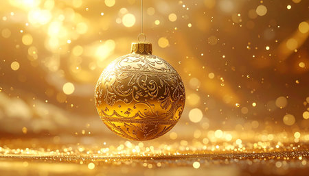 Golden christmas ball on gold bokeh background. 3d renderingの素材