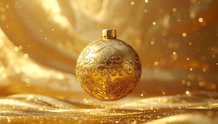 Golden christmas ball on golden satin background with bokehの素材