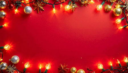 Christmas lights and decoration on red background. Top view with copy spaceの素材