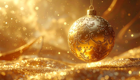 Golden christmas ball on golden bokeh background with copy spaceの素材