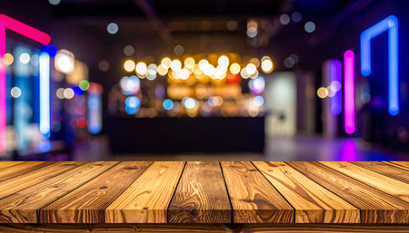 Empty wooden table and Coffee shop blur background with bokeh image.の素材