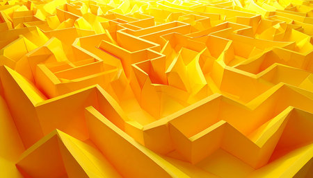 Abstract 3d rendering of chaotic yellow polygonal maze background.の素材