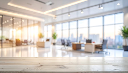 Wooden table top on blur office background - can be used for display or montage your productsの素材