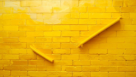 Yellow paint roller on yellow brick wall background. Copy space for text.の素材