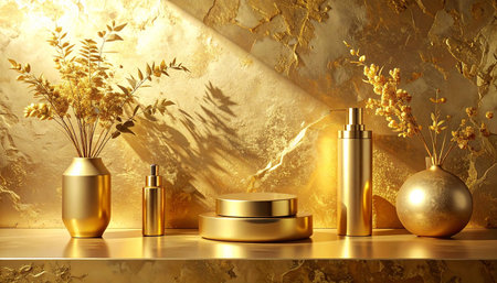 3d render of golden podium for cosmetic product display with golden backgroundの素材