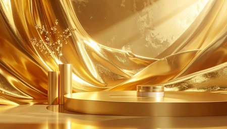 3d render of golden podium for product presentation with gold fabric backgroundの素材