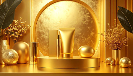 3d render of golden podium with cosmetic products, golden background.の素材