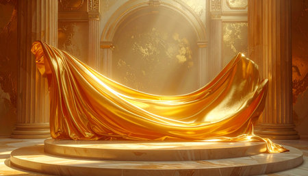 golden luxury podium with drapery. 3d render illustrationの素材