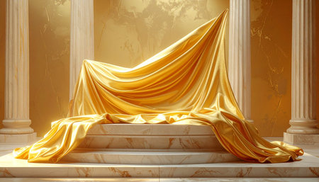golden podium with golden draperyle background. 3d renderの素材