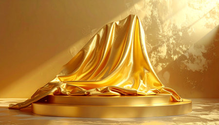 Golden podium with golden fabric. 3d render. Abstract background.の素材