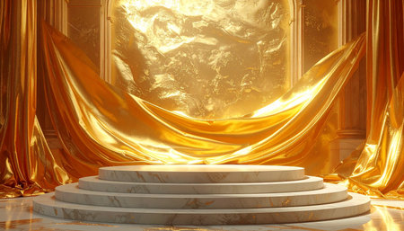 golden podium in the room with gold curtain. 3d renderingの素材