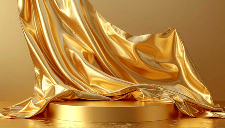 3d render of golden background with podium and drapery.の素材