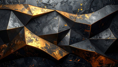 3d rendering of abstract geometric background with gold and black elements.の素材