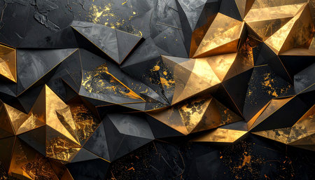 3d illustration of abstract geometric background with gold and black elements.の素材