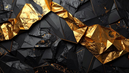 3d illustration of abstract geometric composition, polygonal gold and black backgroundの素材