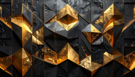 3d illustration of abstract geometric black and gold background with triangles.の素材