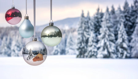 Christmas baubles against snowy landscape with fir trees and snowdriftsの素材