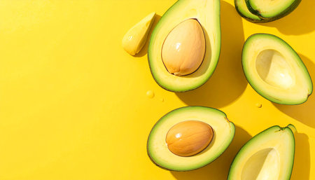 Avocado slices on yellow background. Flat lay, top view.の素材