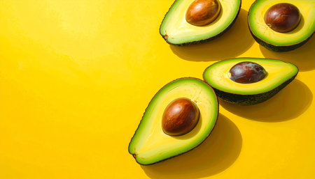 Avocado on yellow background. Top view. Flat lay. Copy space.の素材