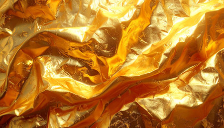 golden crumpled paper as a background, closeup of photoの素材