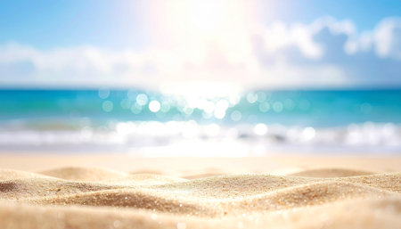 Beautiful tropical beach background with bokeh sun light wave and sandの素材