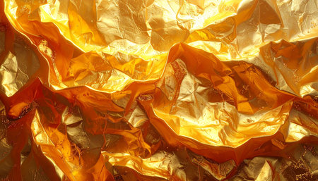 golden crumpled paper as background, closeup of photoの素材