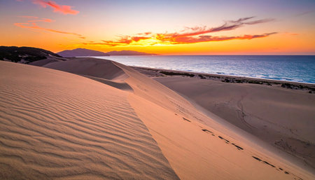 Sunset on the sand dunes of Corralejo, Fuerteventura, Canary Islands, Spainの素材