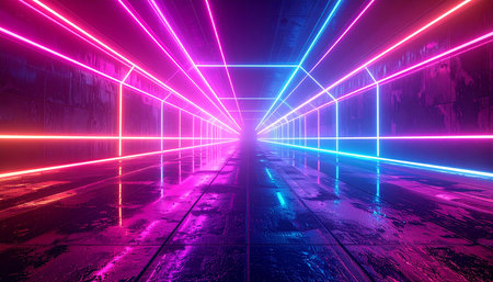 3d render of abstract background with glowing neon lines. Futuristic corridorの素材