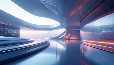 Futuristic interior of a futuristic corridor. 3D rendering.の素材