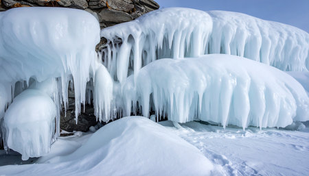 View of icicles on Lake Baikal, Siberia, Russiaの素材