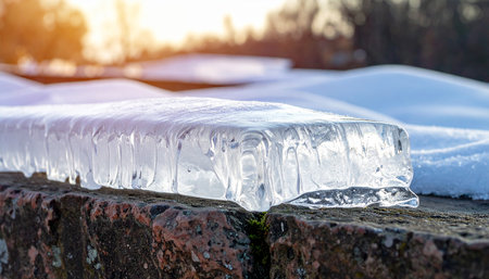 Ice on the roof of a house in the rays of the setting sunの素材