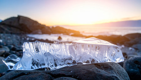 Ice on the beach at sunset. Beautiful winter landscape with frozen water.の素材