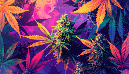 Cannabis background. Colorful marijuana leaves. Cannabis buds.の素材