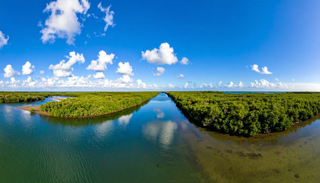 Aerial view of mangrove forest in mangrove forest with blue sky and white cloudsの素材