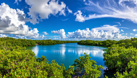 Panoramic view of mangrove forest and blue lagoon in Mauritius islandの素材