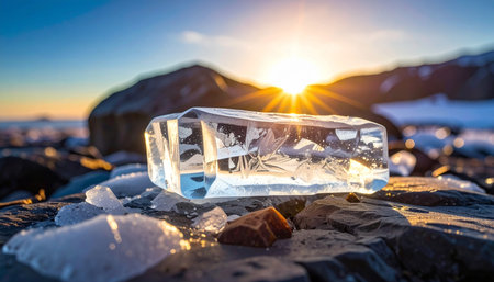 Ice cube on the shore of Lake Baikal at sunset.の素材